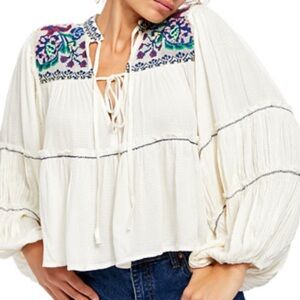 Free People‎ Embroidered In Vivid Color Top Peasant Flowy Floral Tiered Puffy XL